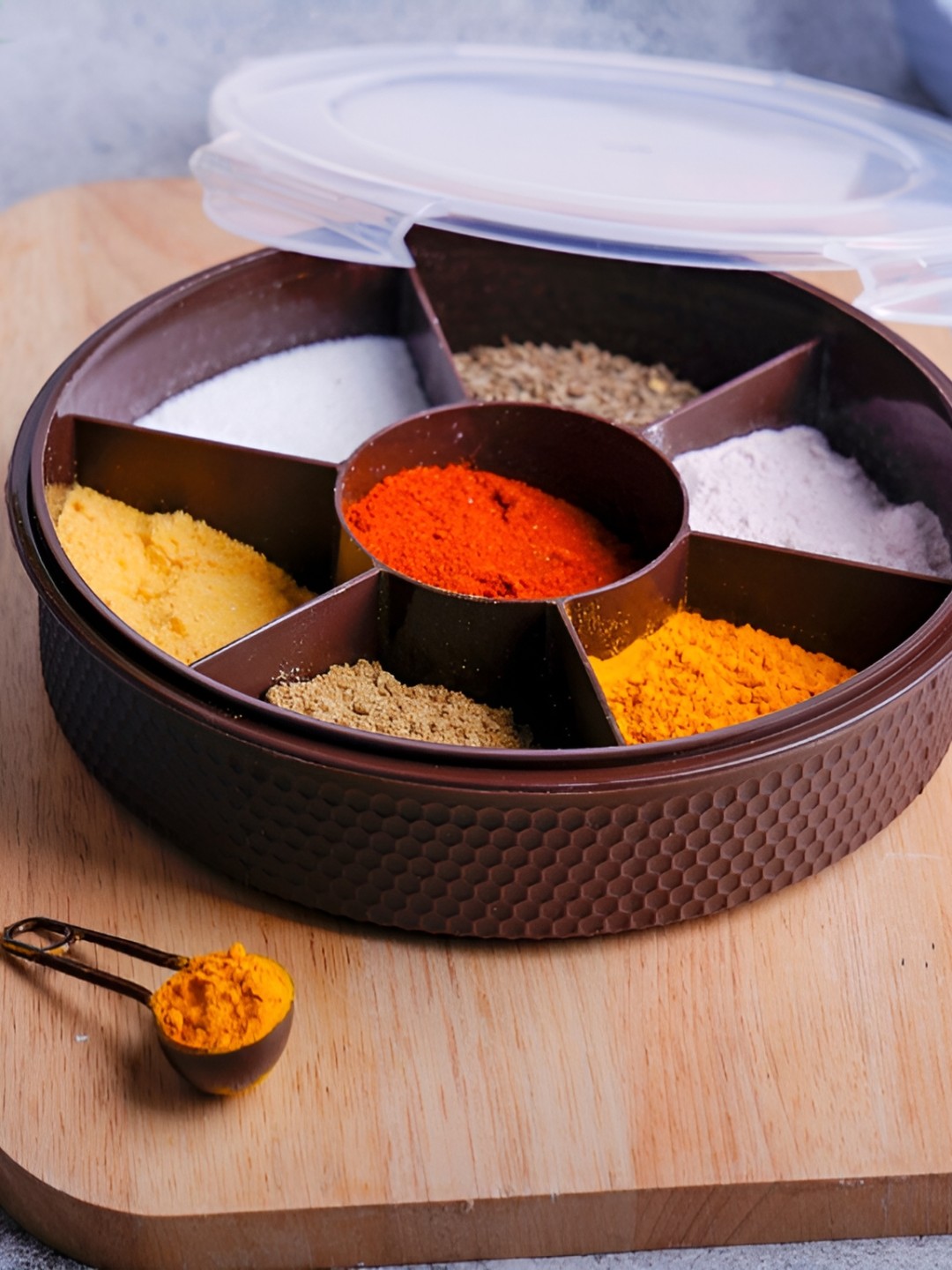 

OMORTEX Brown Textured Spice Box with Lid & Spoon - 140 ML