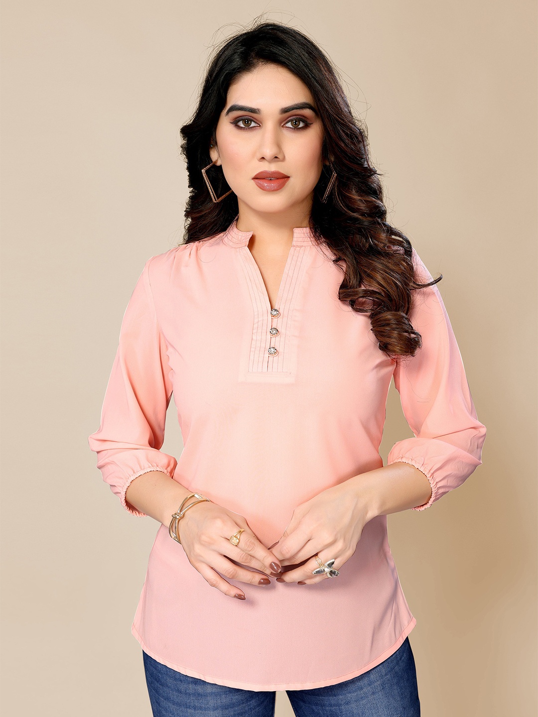 

PYARI - A style for every story Mandarin Collar Cotton Top, Peach