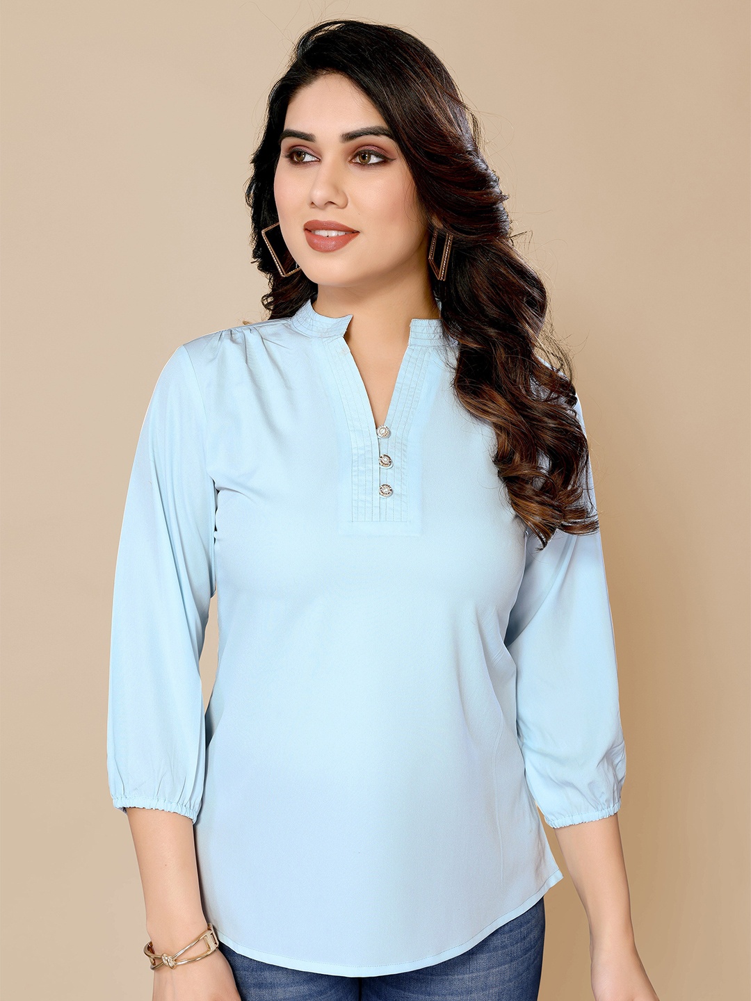 

PYARI - A style for every story Mandarin Collar Cotton Top, Blue