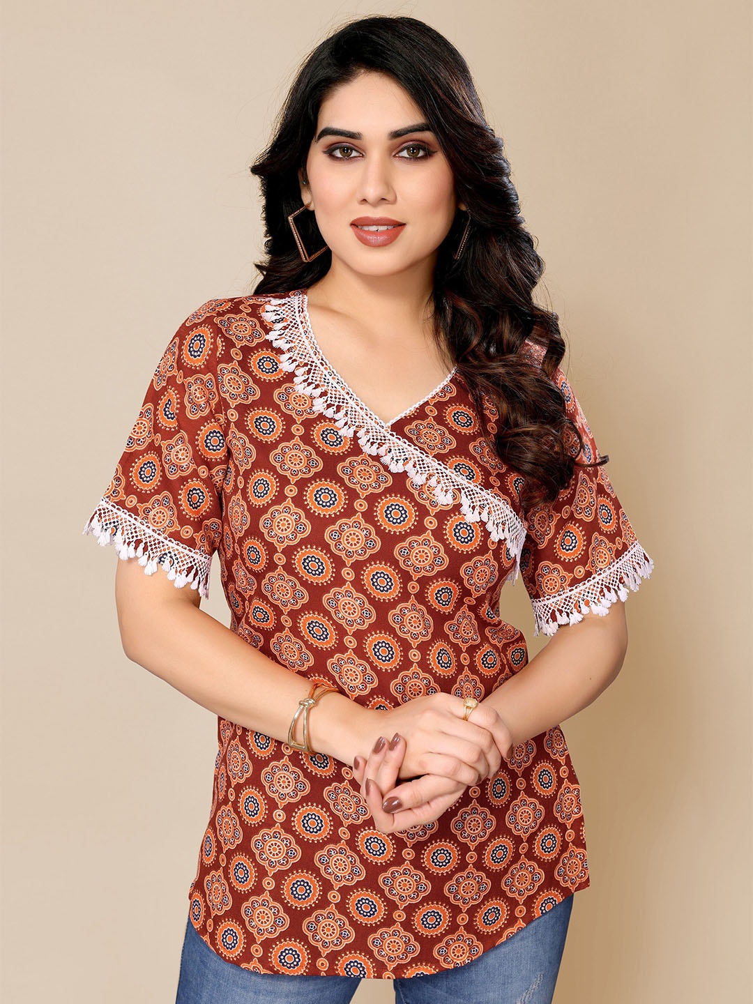

PYARI - A style for every story Ethnic Motifs Printed V-Neck Top, Maroon
