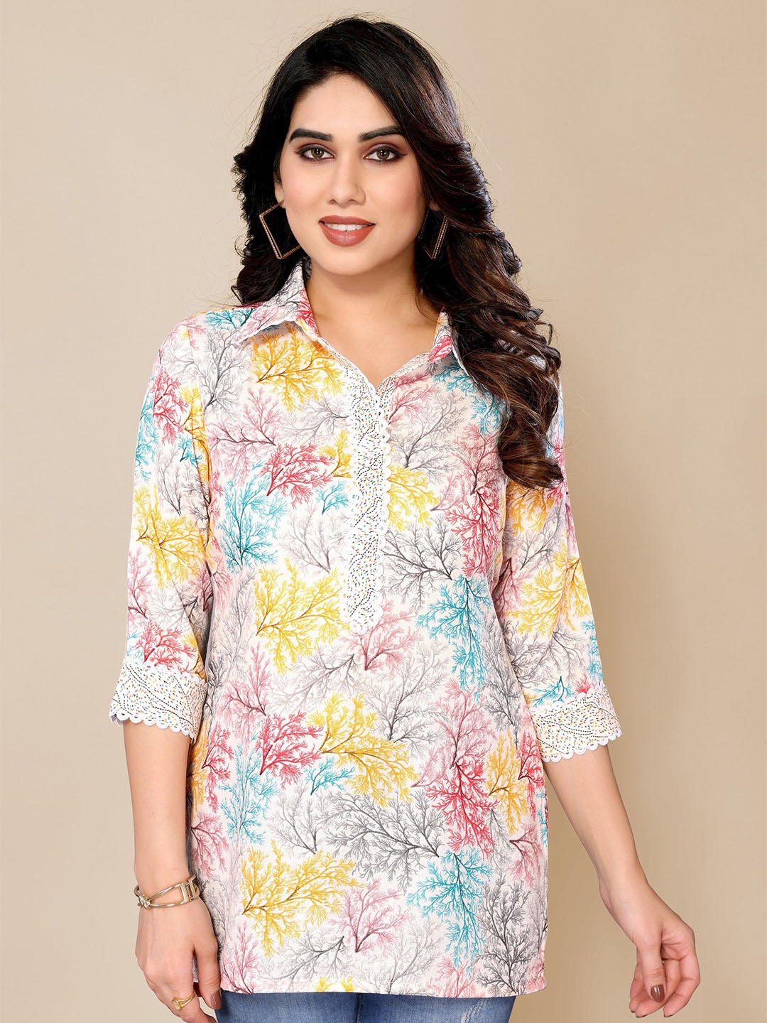 

PYARI - A style for every story Floral Printed Shirt Collar Cotton Top, White