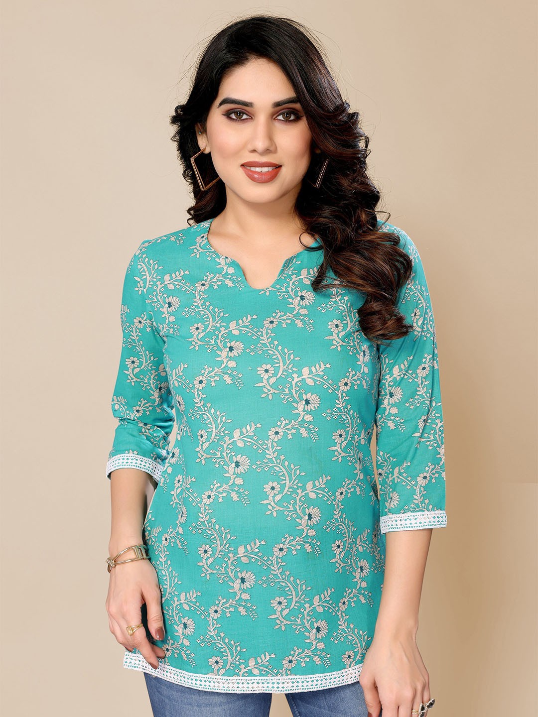 

PYARI - A style for every story Floral Printed Cotton Top, Blue