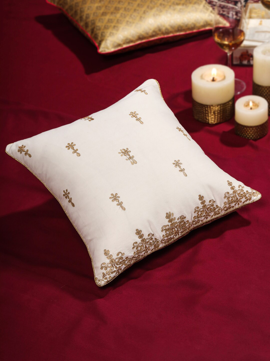 

House of Pataudi Off White Embroidered Square Cushion Cover