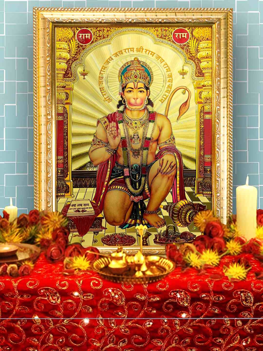 

Hawai 24K Gold Plated Shree Bajrang Bali Hanuman Wooden Wall Photo Frame