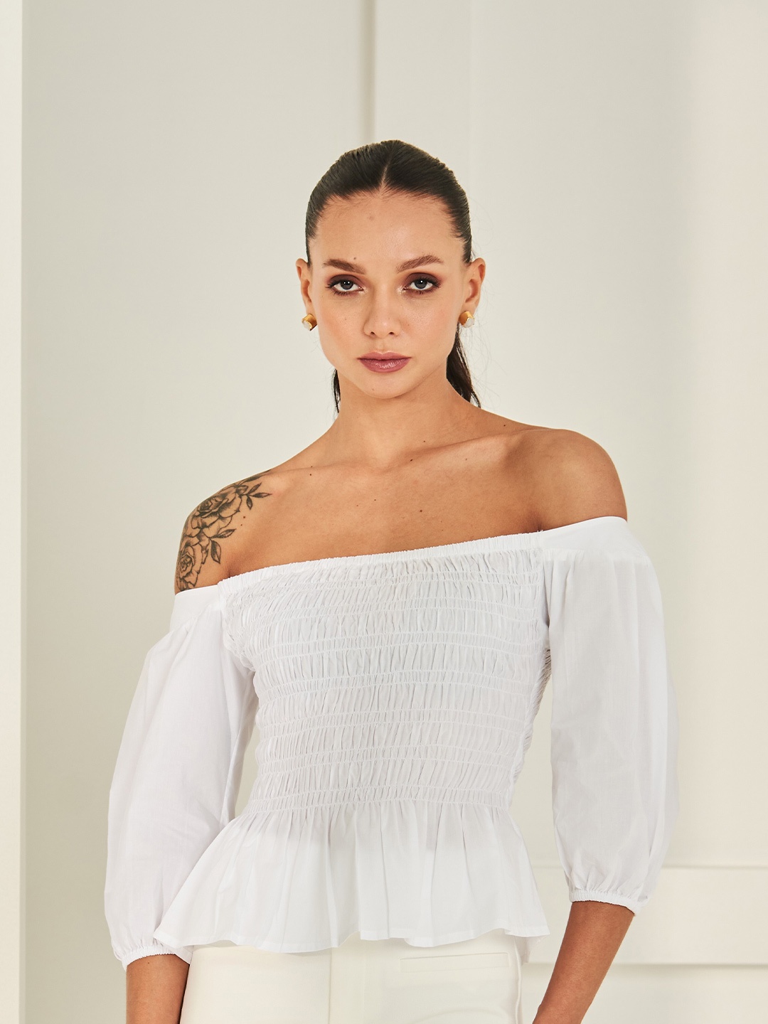 

By The Bay Off-Shoulder Smocked Puff Sleeves Cotton Peplum Top, White