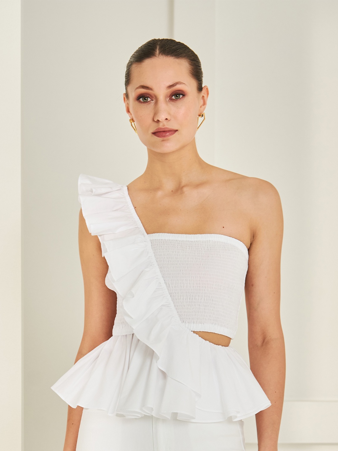 

By The Bay One Shoulder Smocked Cotton Peplum Top, White