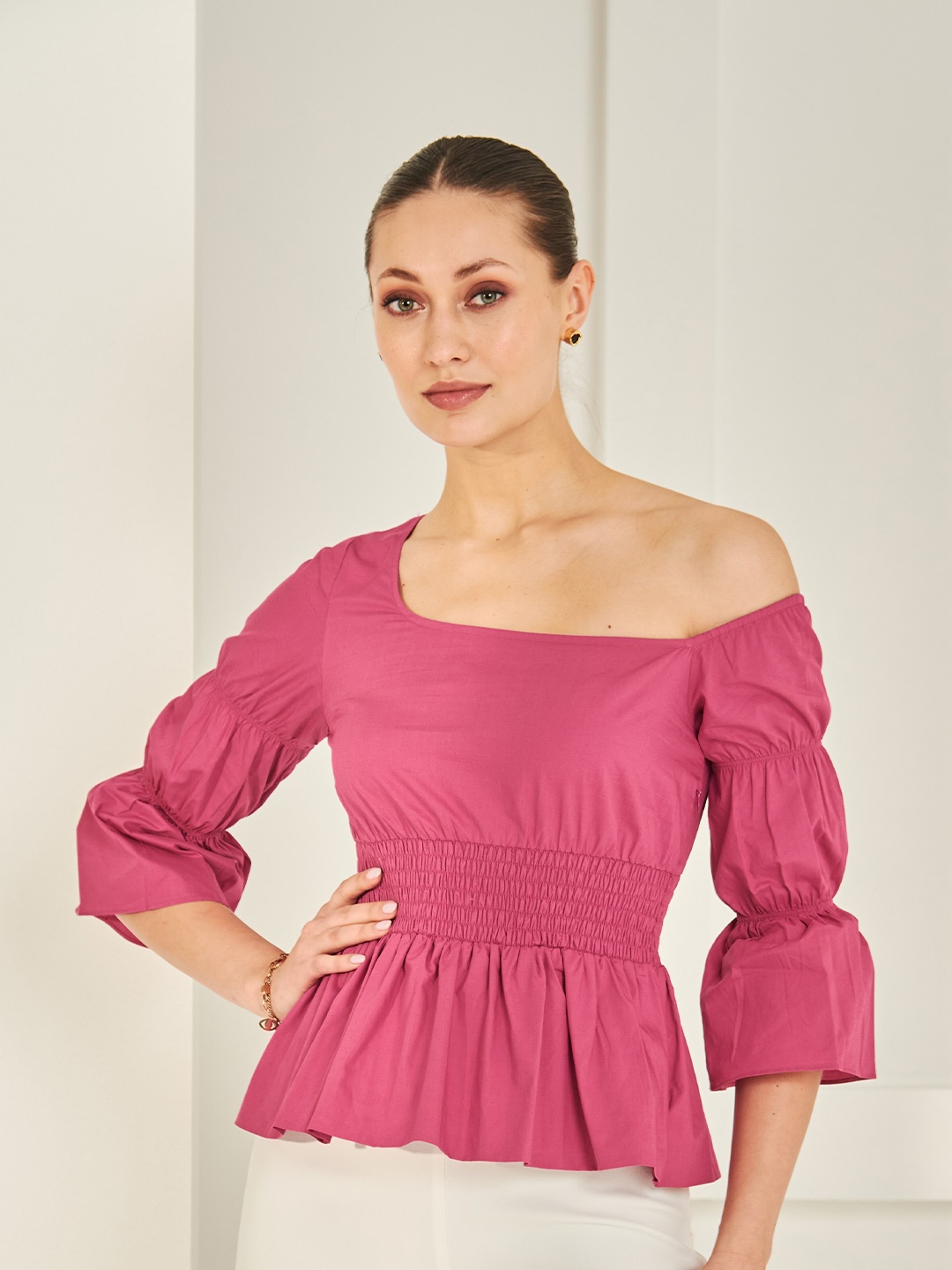 

By The Bay Off-Shoulder Smocked Puff Sleeves Cotton Peplum Top, Pink