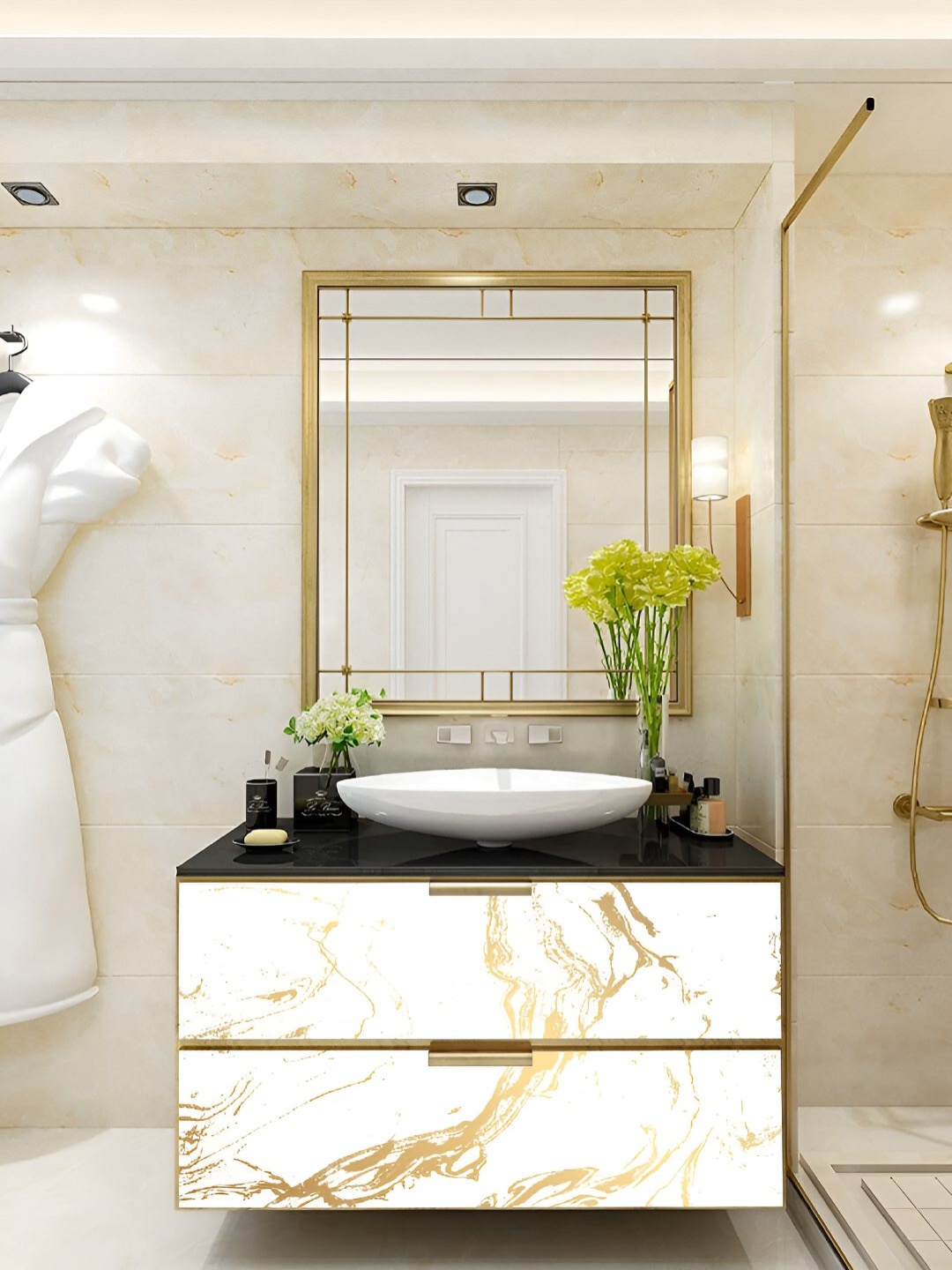 

CVANU White & Gold Toned Marble Glossy Granite Wallpaper