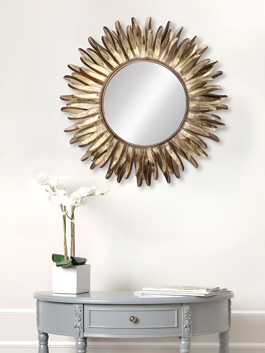 

Ancient Clock Makers Gold Toned Embellished Round Shaped Wall Mirror