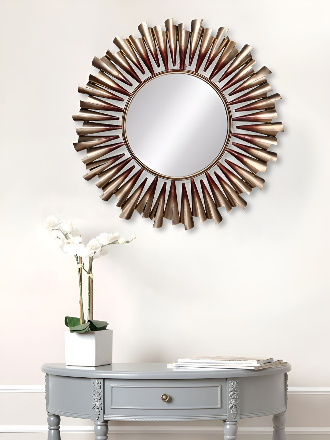 

Ancient Clock Makers Gold Toned & Beige Textured Round Shaped Metal Wall Mirror