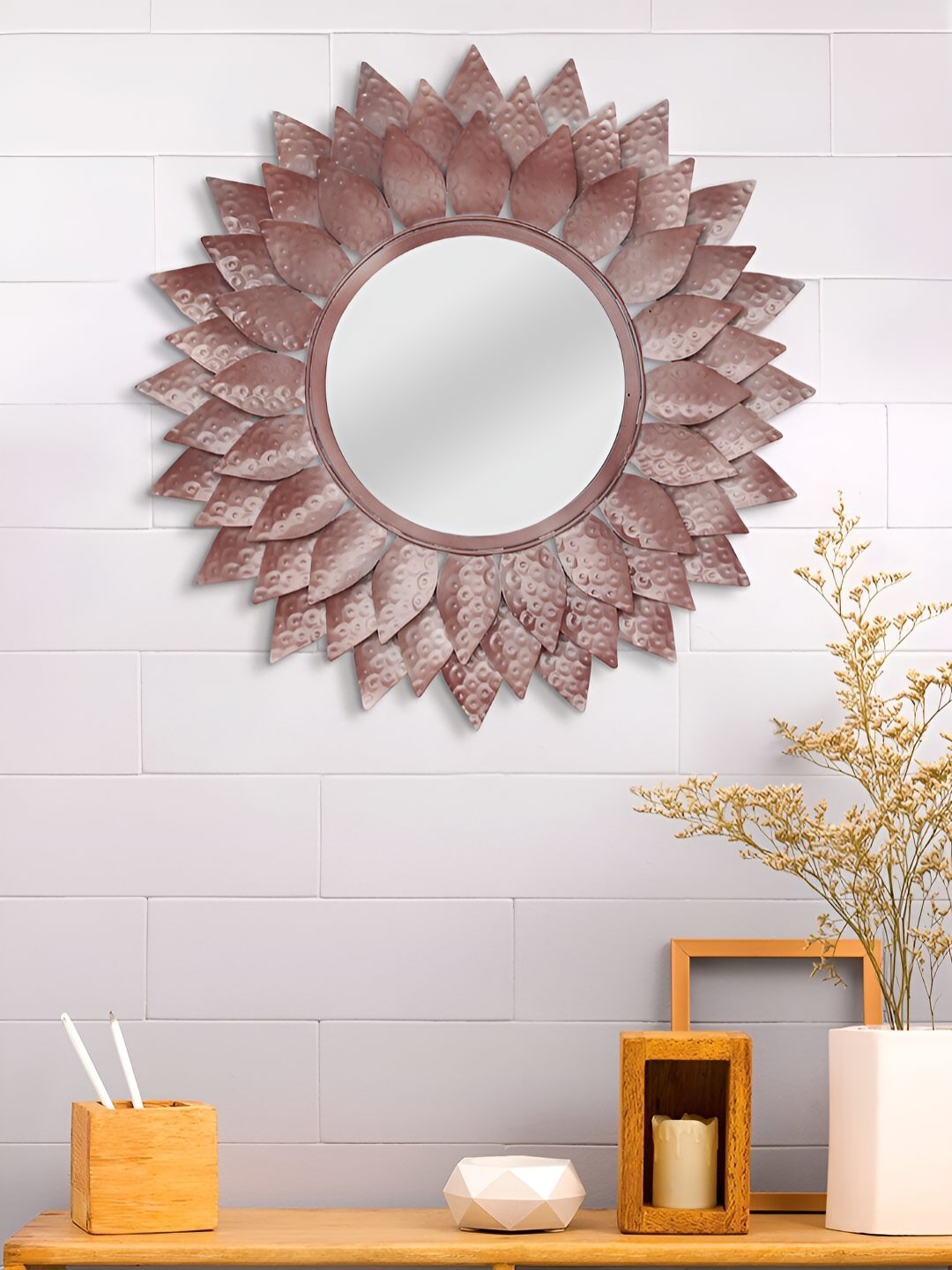 

Ancient Clock Makers Pink Textured Round Shaped Metal Wall Mirror