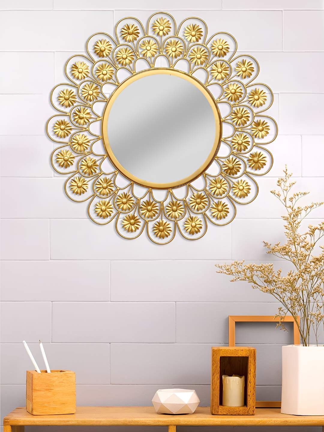 

Ancient Clock Makers Gold Toned Embellished Round Shaped Wall Mirror