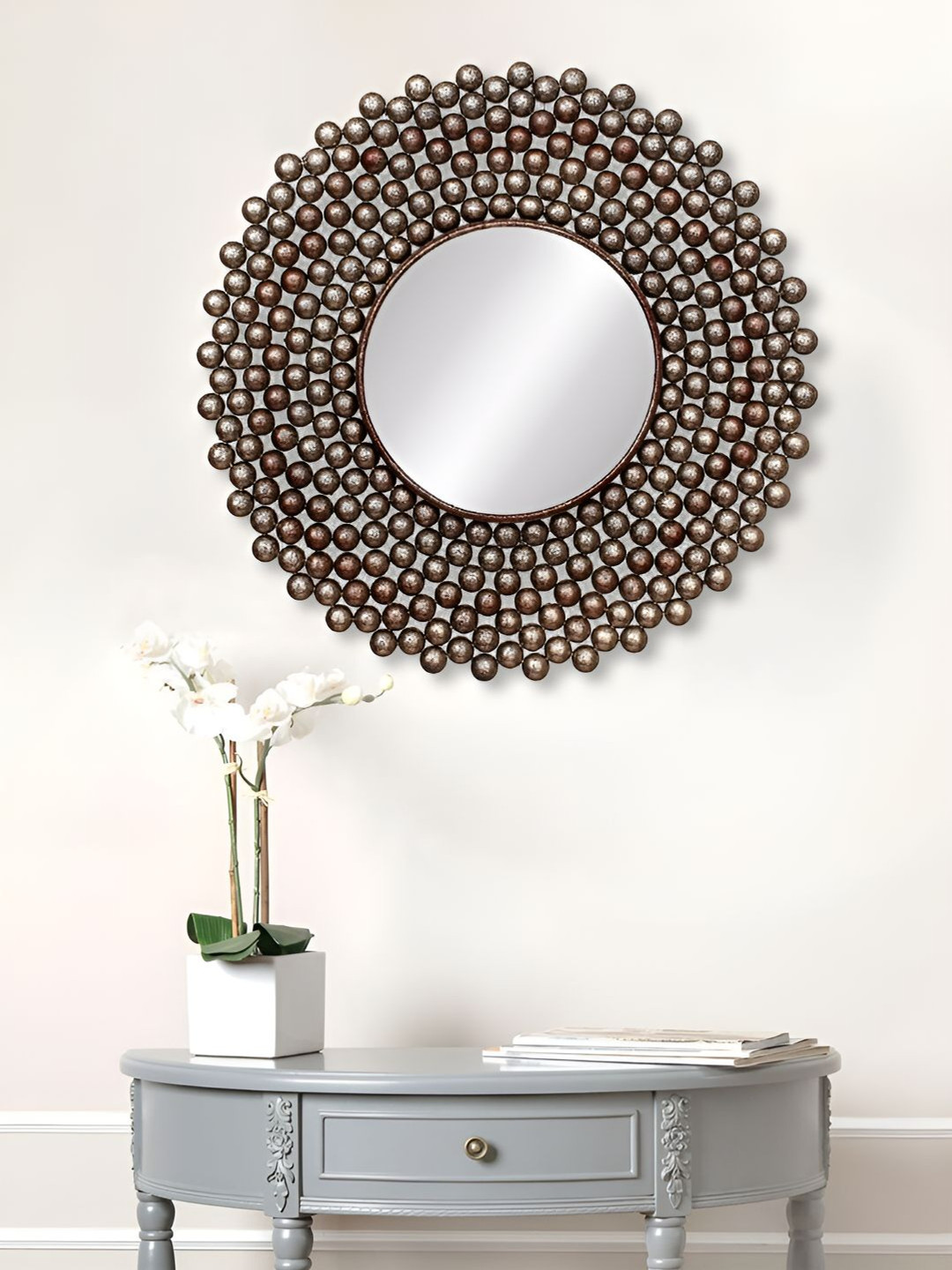 

Ancient Clock Makers Brown and Silver Toned Embellished Round Shaped Wall Mirror
