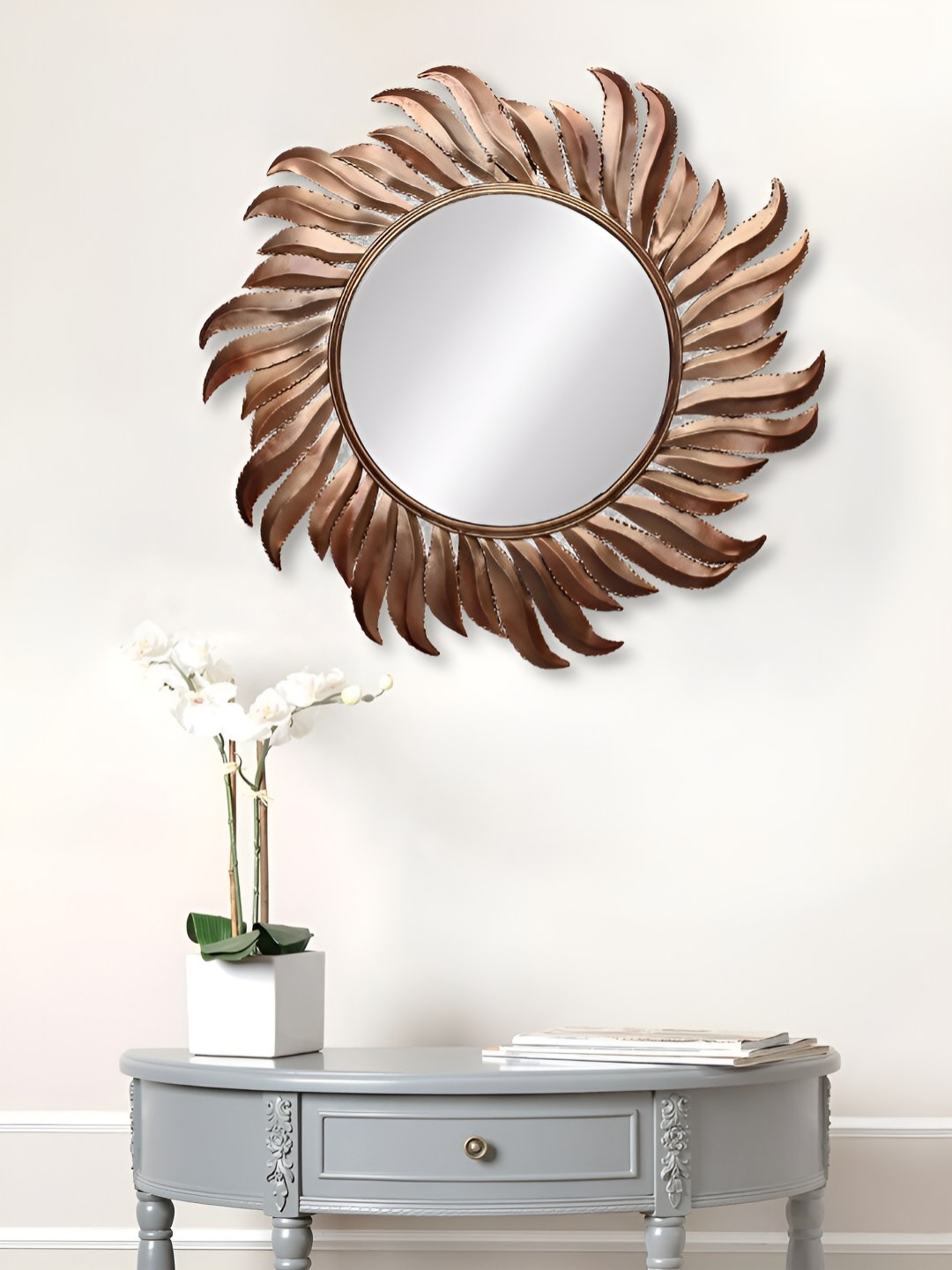 

Ancient Clock Makers Copper Toned Embellished Round Shaped Wall Mirror, Brown