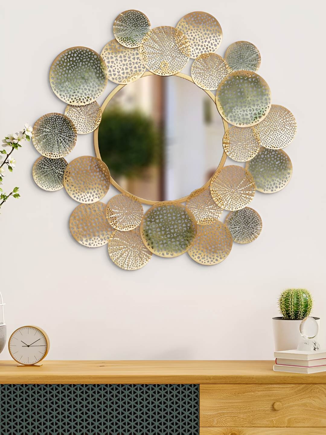 

Ancient Clock Makers Beige & Gold Toned Textured Round Shaped Metal Wall Mirror