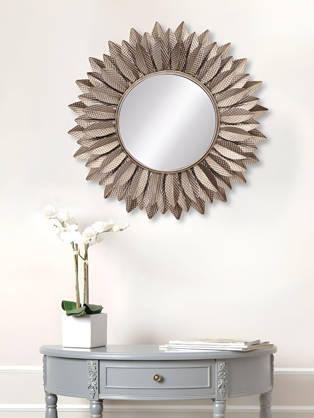 

Ancient Clock Makers Gold Toned Embellished Round Shaped Wall Mirror