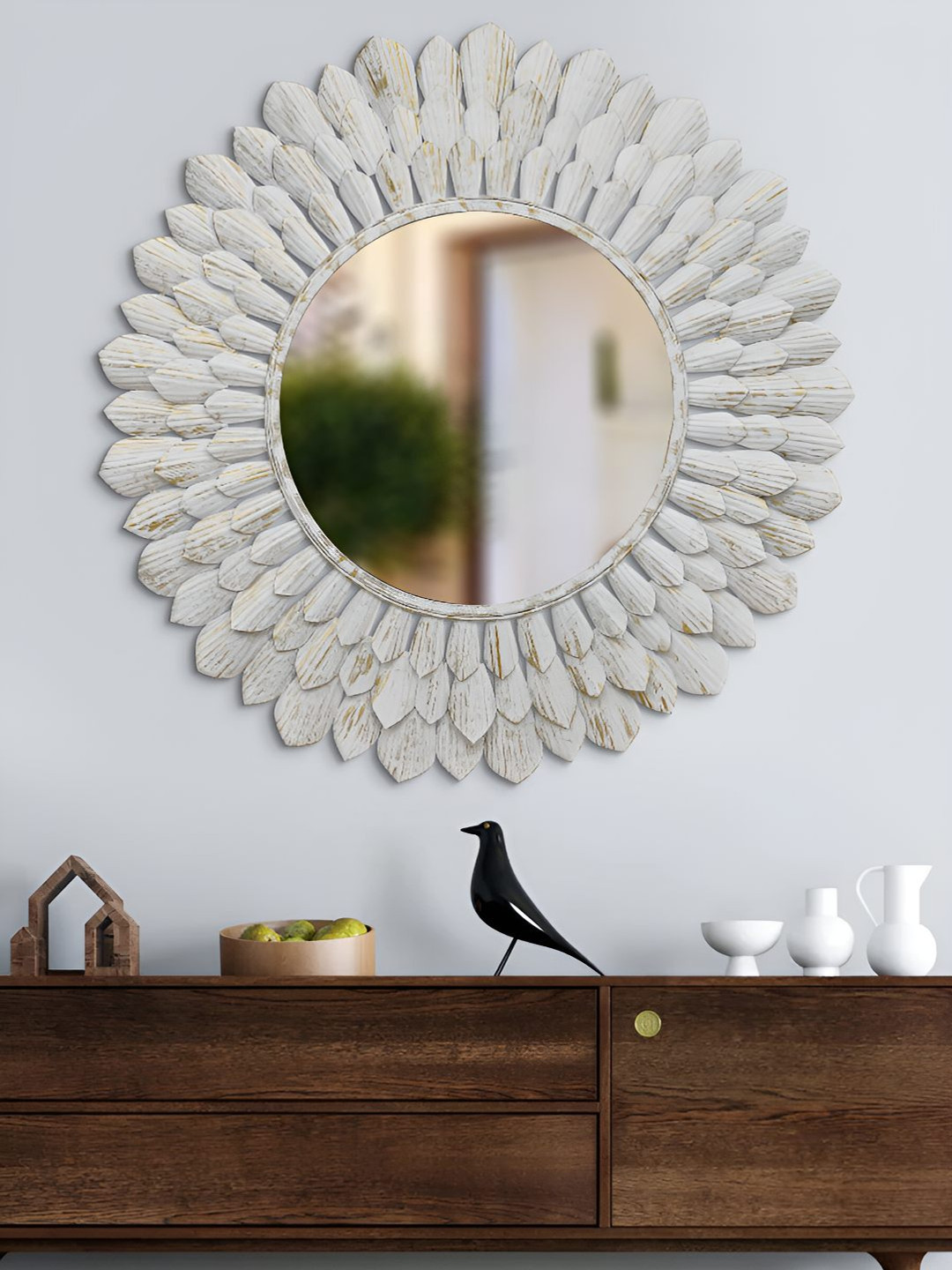 

Ancient Clock Makers White Embellished Round Shaped Wall Mirror