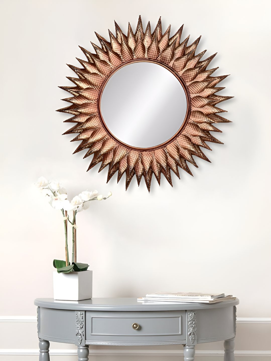 

Ancient Clock Makers Brown & Pink Textured Round Shaped Metal Wall Mirror