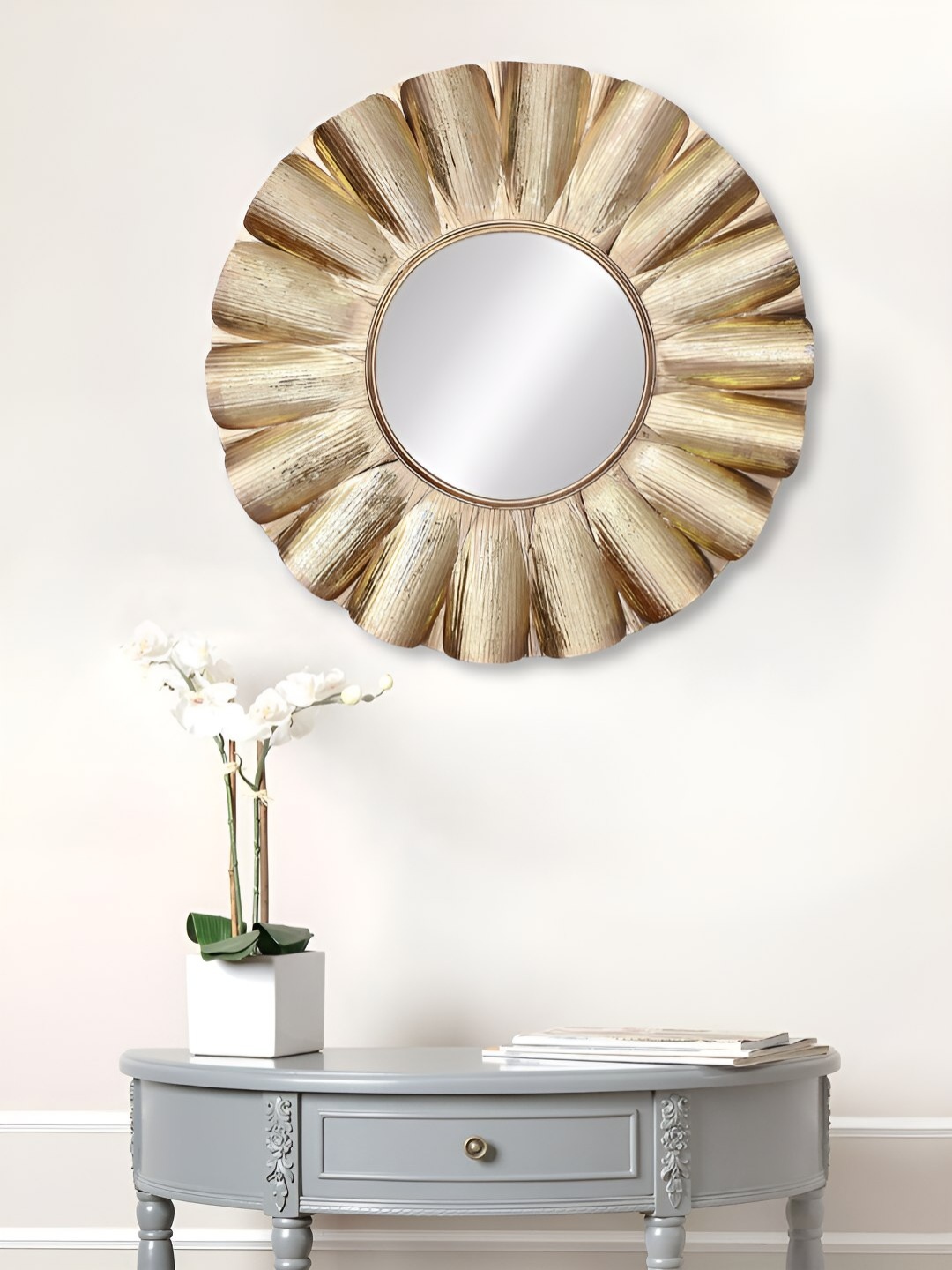 

Ancient Clock Makers Beige & Gold Toned Textured Round Shaped Metal Wall Mirror