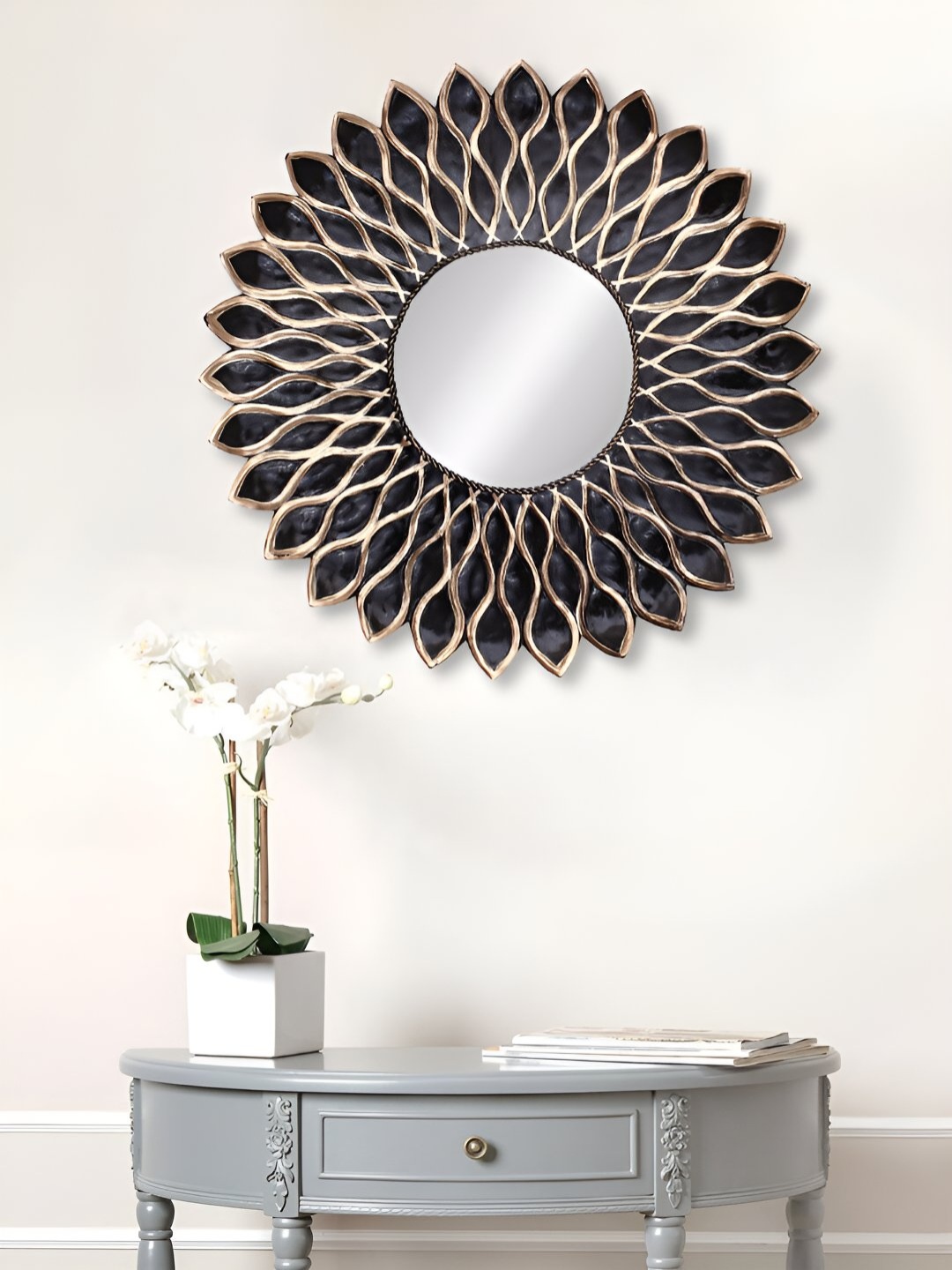 

Ancient Clock Makers Black and Gold Toned Embellished Round Shaped Wall Mirror