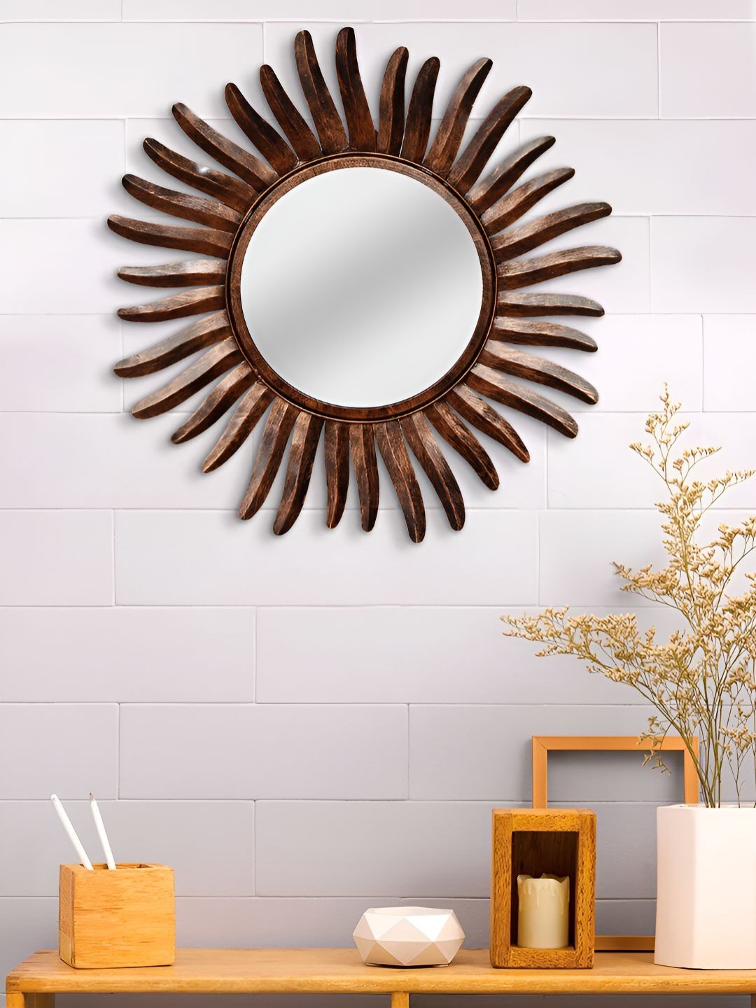 

Ancient Clock Makers Brown and Black Embellished Round Shaped Wall Mirror