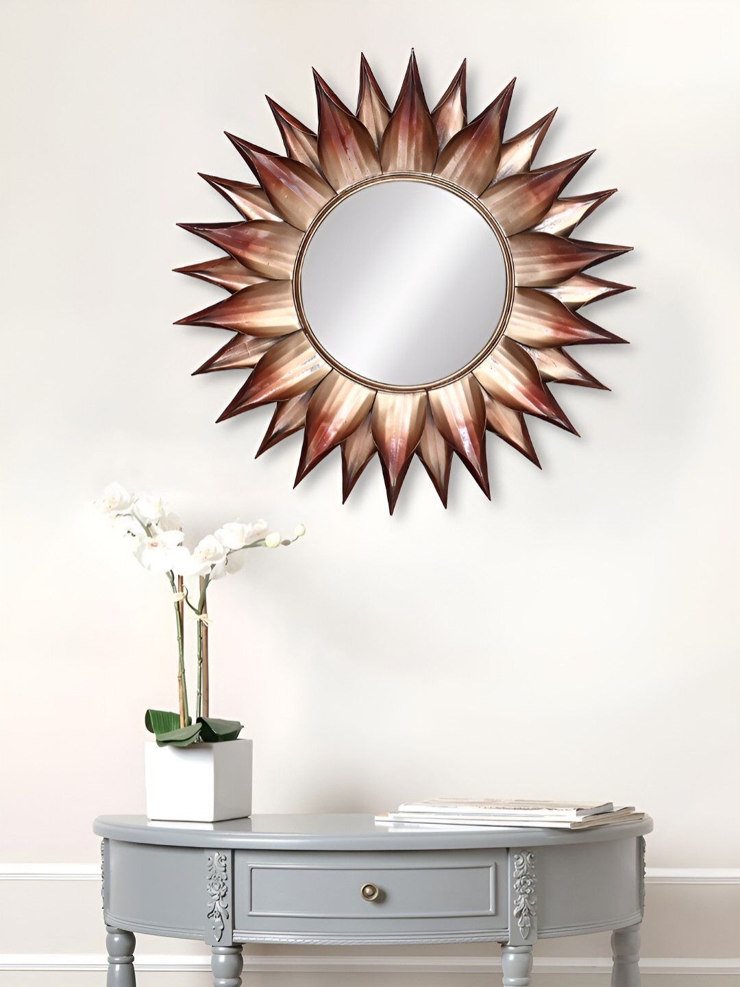 

Ancient Clock Makers Copper Toned Embellished Round Shaped Wall Mirror