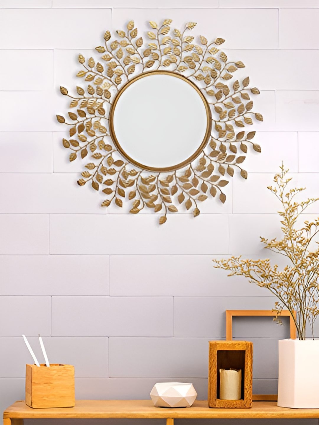 

Ancient Clock Makers Gold Toned Embellished Round Shaped Wall Mirror