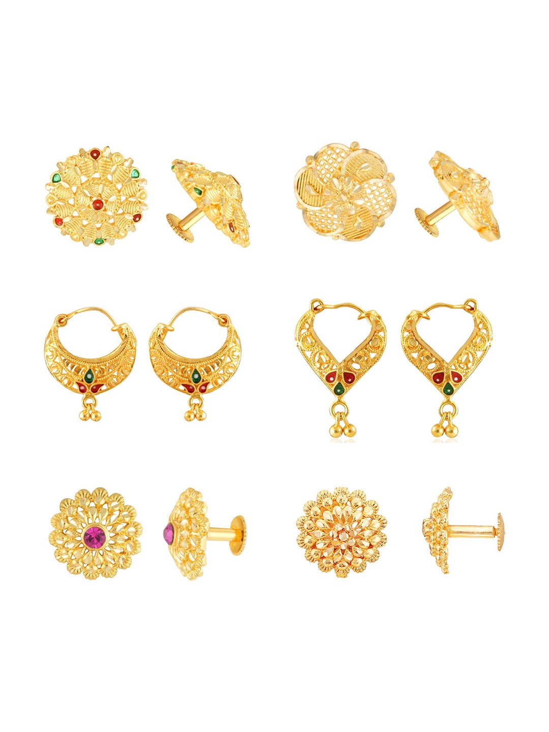 Vighnaharta Set Of 6 Gold-Plated Floral Studs Earrings