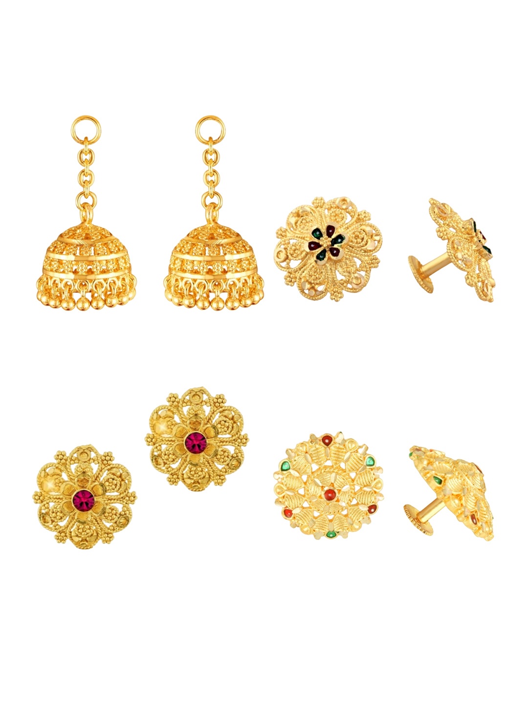 

Vighnaharta Set Of 3 Gold Plated Floral Stud Earrings With Removable Jhumkas