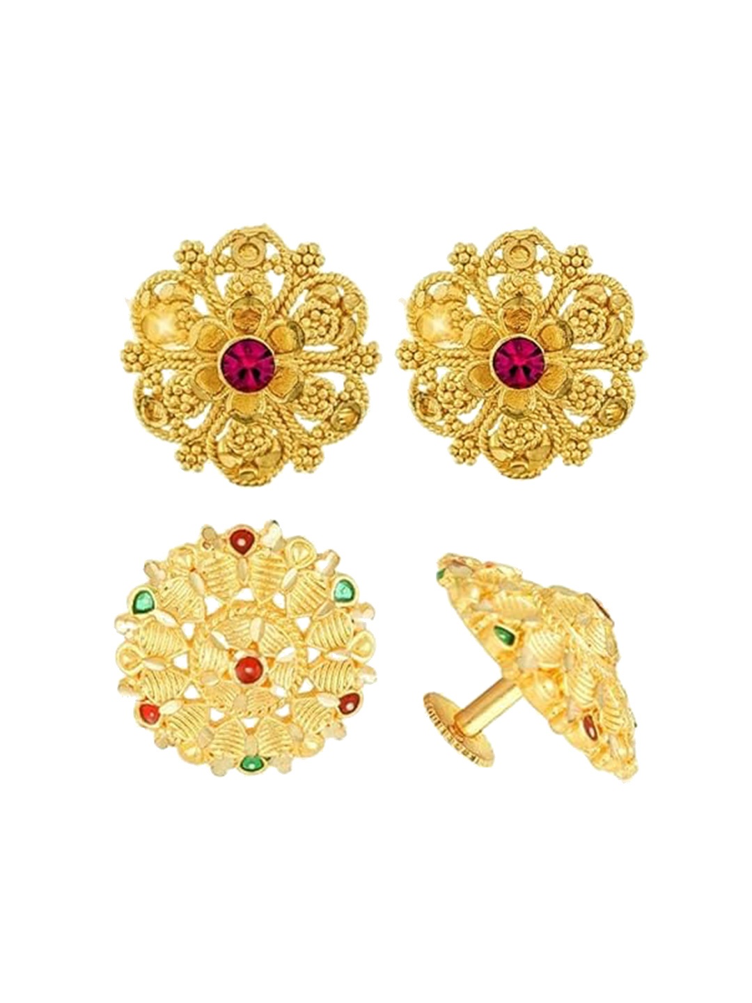 

Vighnaharta Set Of 2 Gold Plated Stone-Studded Floral Studs Earrings