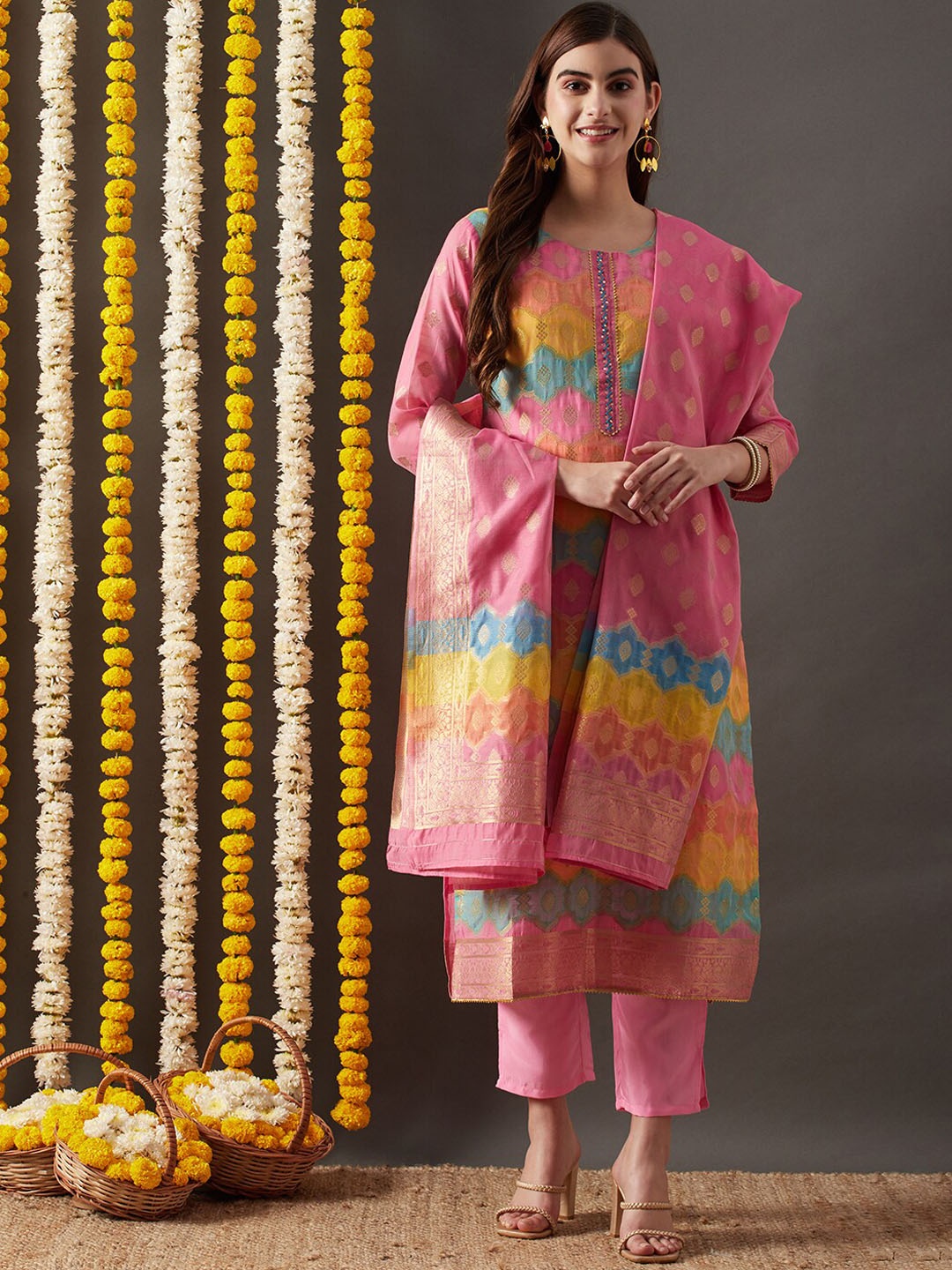 

RAJGRANTH Ethnic Motifs Chanderi Cotton Kurta With Trousers & Dupatta, Pink