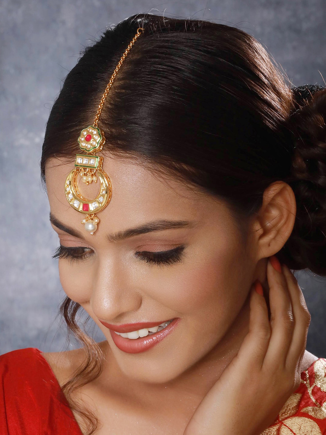 

Anouk Gold-Toned 24K Gold-Plated Kundan-Studded & Pearl Beaded Maang Tikka