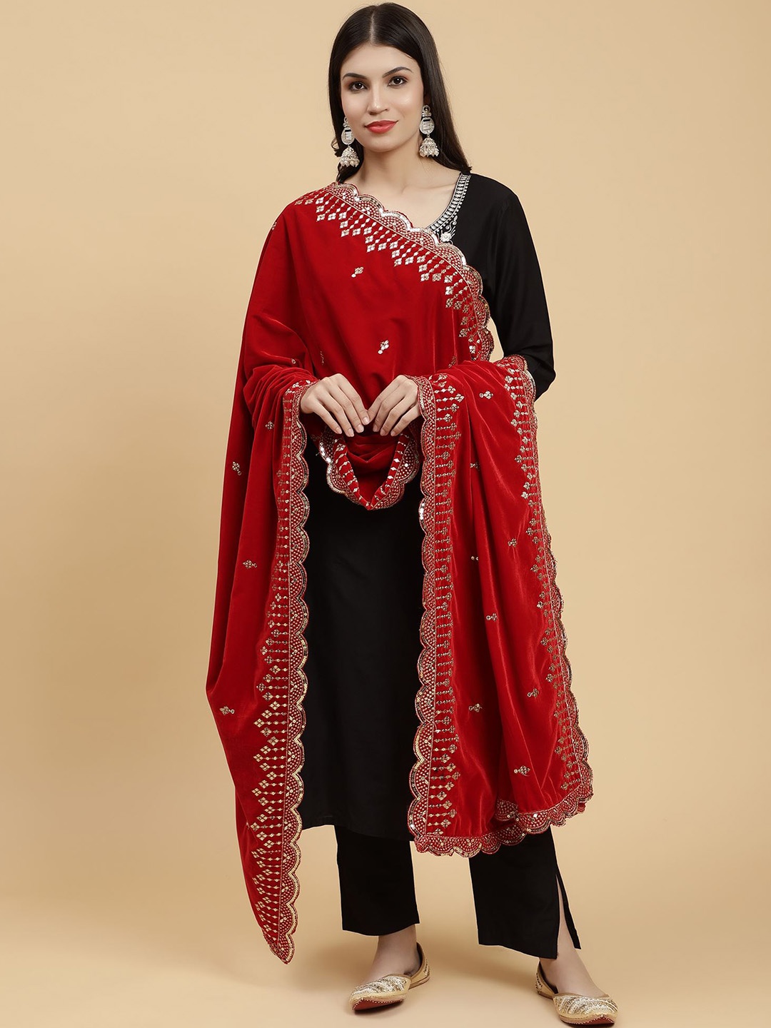 

Moda Chales Floral Embroidered Velvet Sequinned Shawl, Red