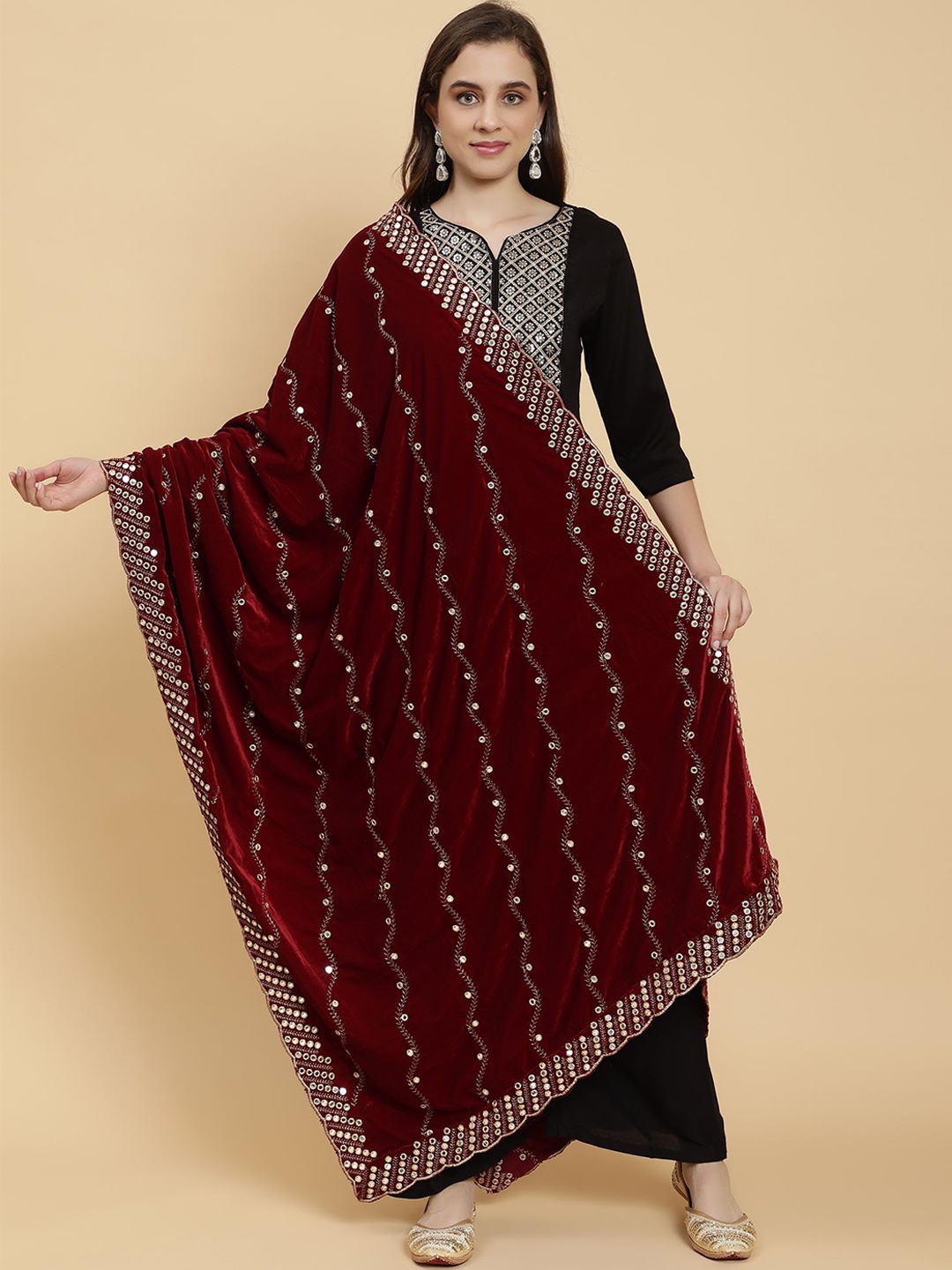 

Moda Chales Floral Embroidered Velvet Sequinned Shawl, Maroon