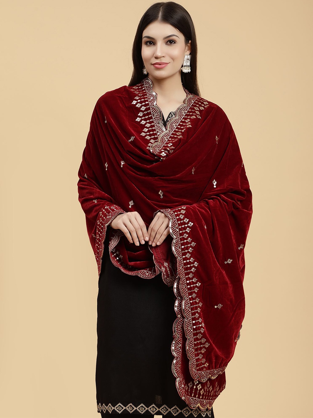 

Moda Chales Floral Embroidered Velvet Sequinned Shawl, Maroon