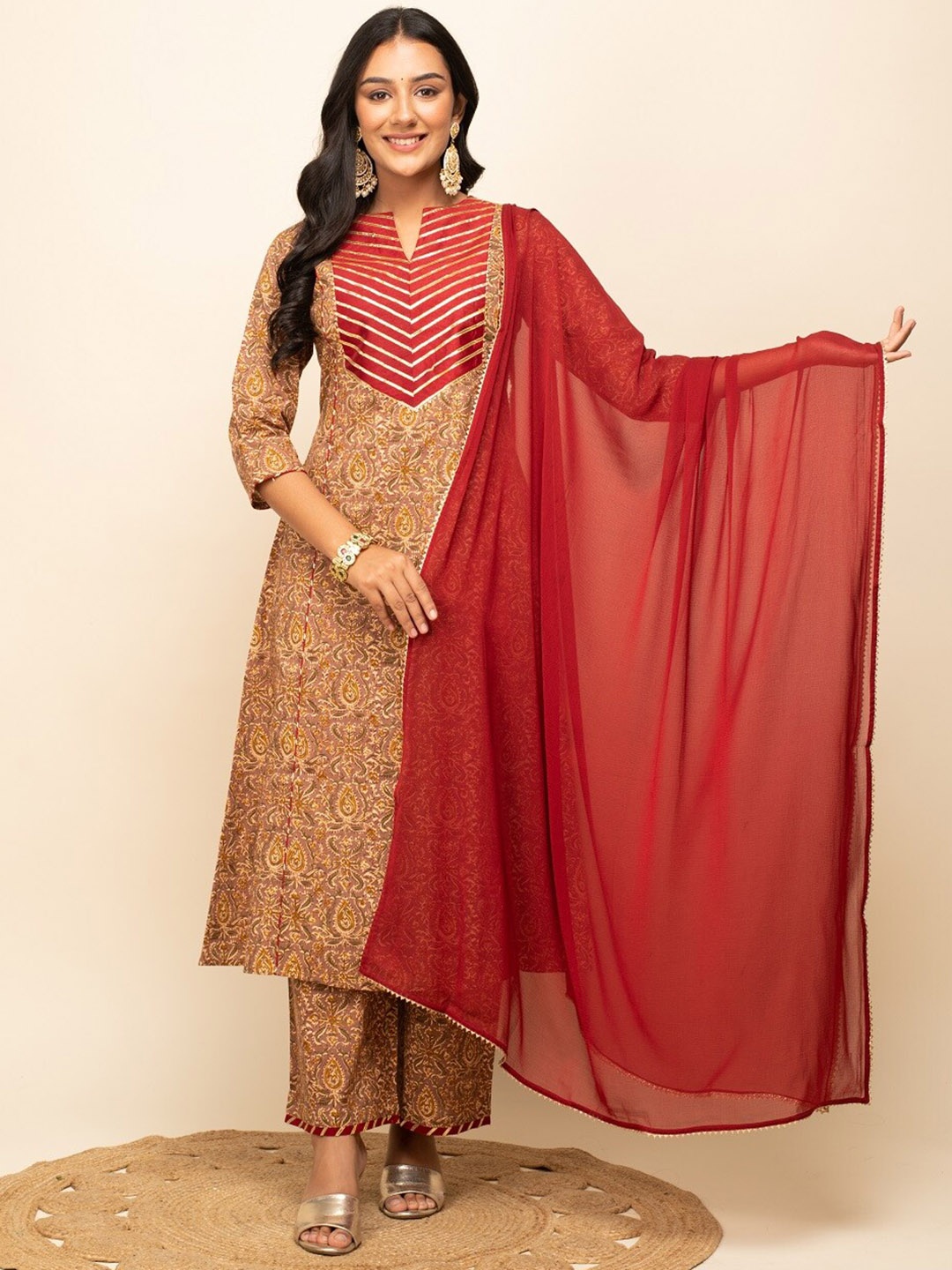 

FIORRA Floral Printed V-Neck Gotta Patti Pure Cotton A-Line Kurta With Trousers & Dupatta, Brown