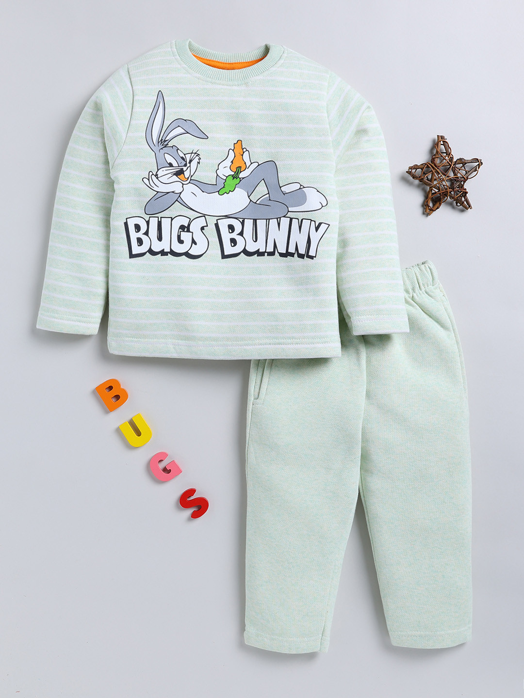 

Moms Love Kids Bugs Bunny Printed T-shirt with Pyjamas, Sea green