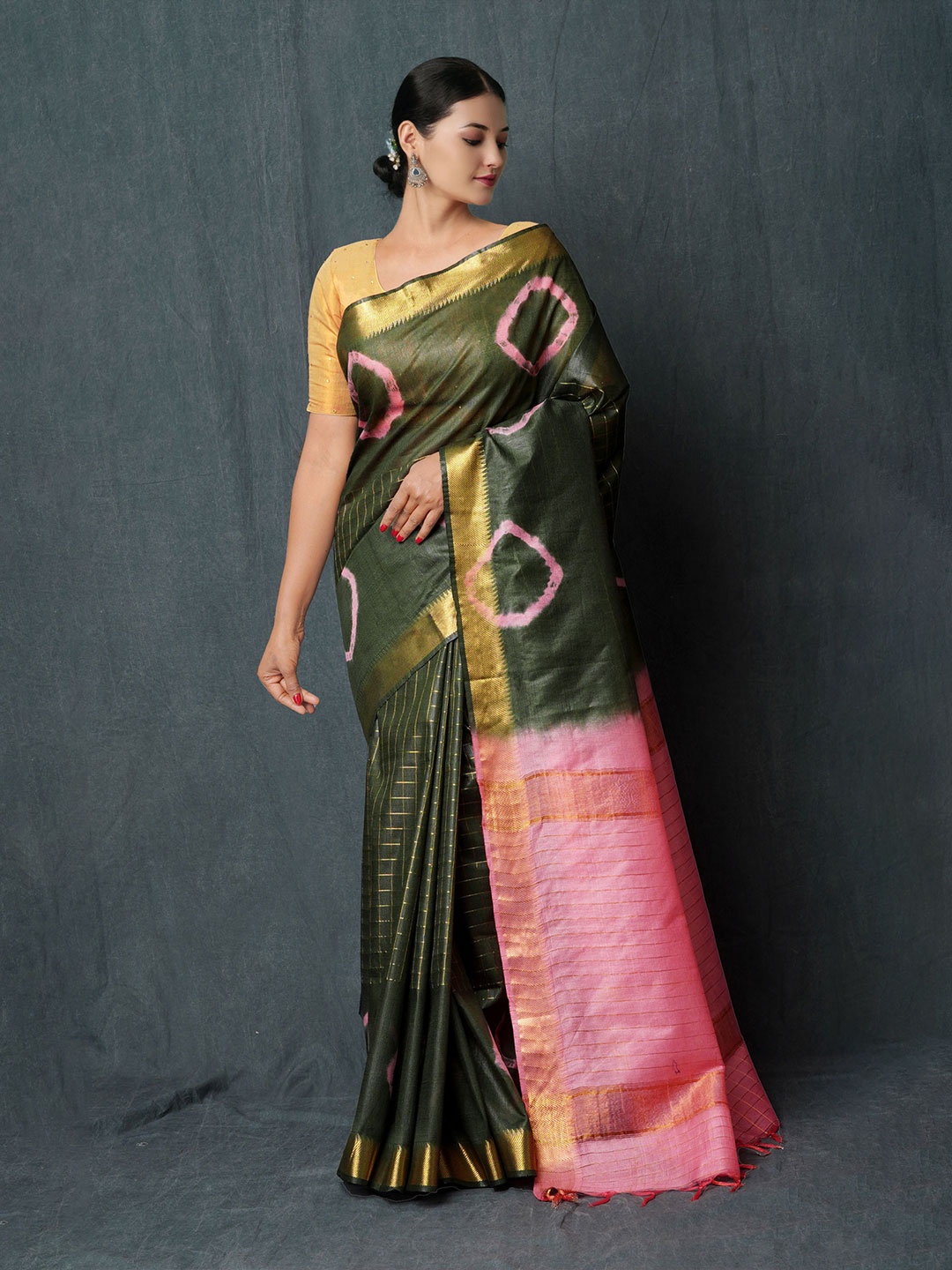 

Unnati Silks Shibori Printed Silk Cotton Chanderi Saree, Green