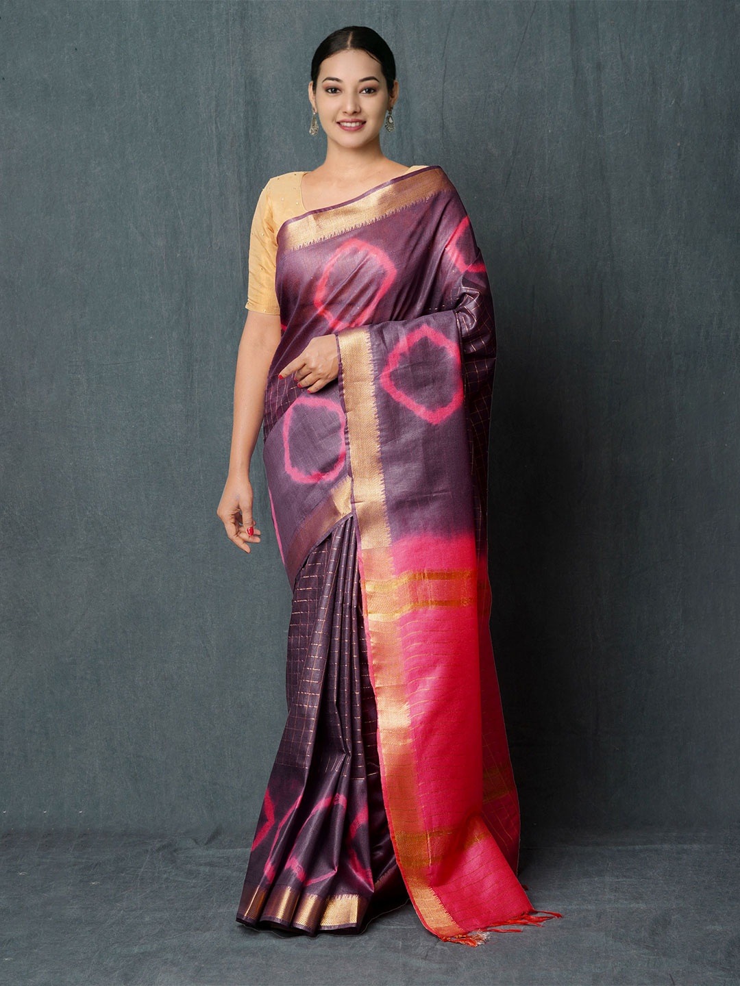 

Unnati Silks Shibori Printed Silk Cotton Chanderi Saree, Purple