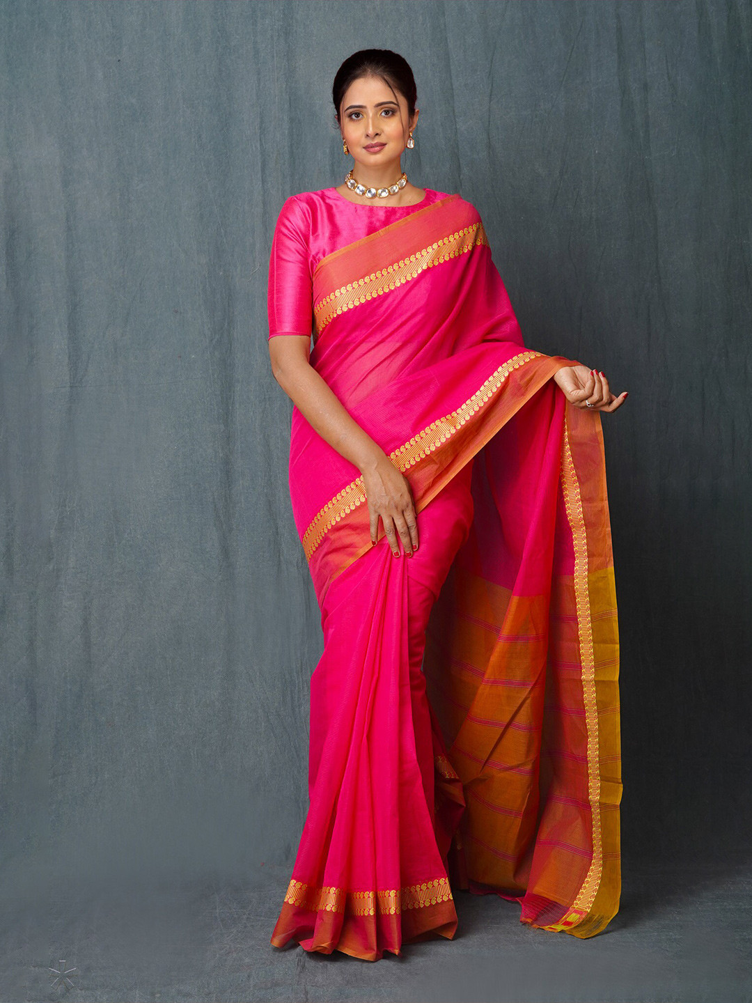 

Unnati Silks Pure Cotton Handloom Narayan Peth Saree, Pink