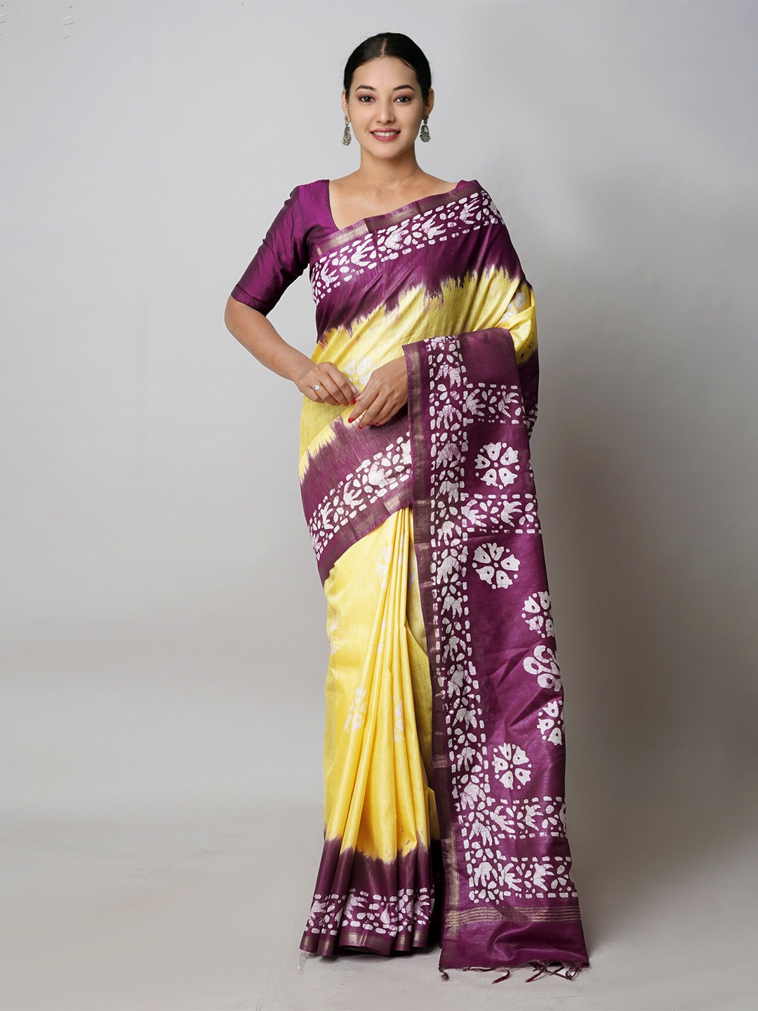 

Unnati Silks Batik Printed Silk Cotton Handloom Chanderi Saree, Yellow