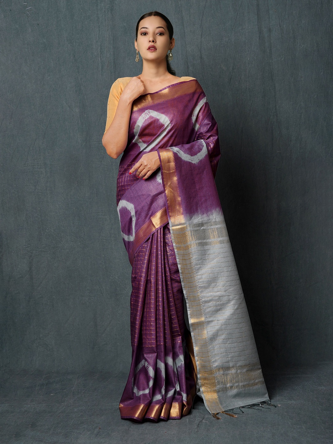 

Unnati Silks Tie and Dyed Silk Cotton Chanderi Saree, Purple