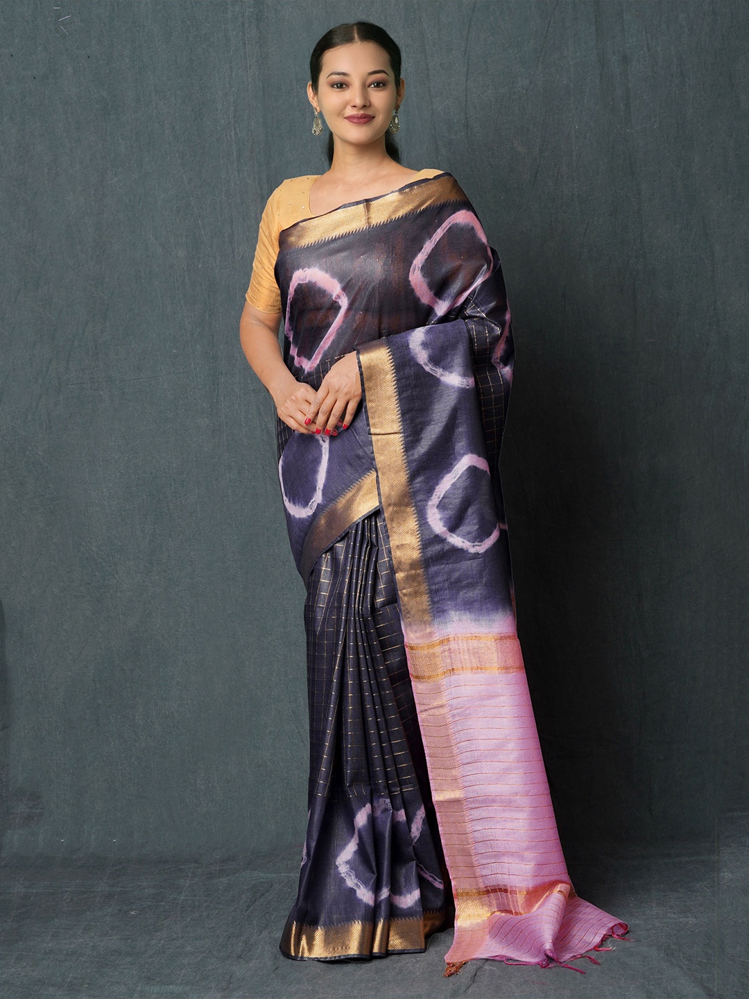 

Unnati Silks Tie and Dye Zari Silk Cotton Chanderi Saree, Navy blue