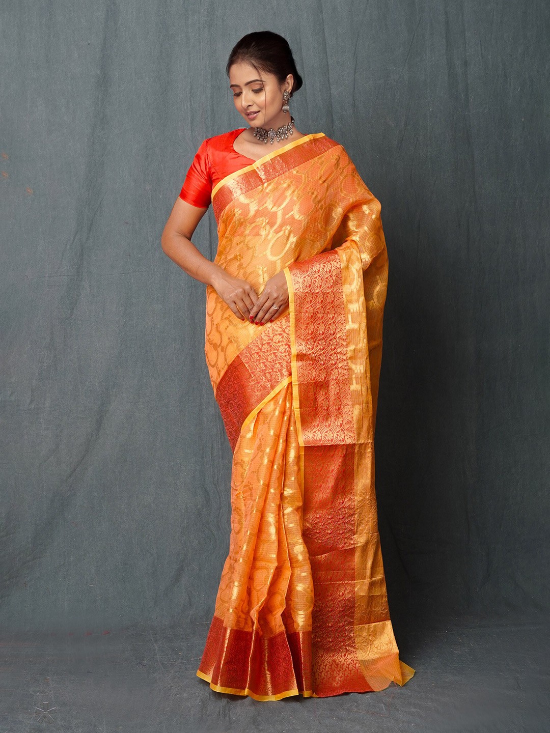 

Unnati Silks Ethnic Motifs Woven Design Zari Kota Saree, Orange