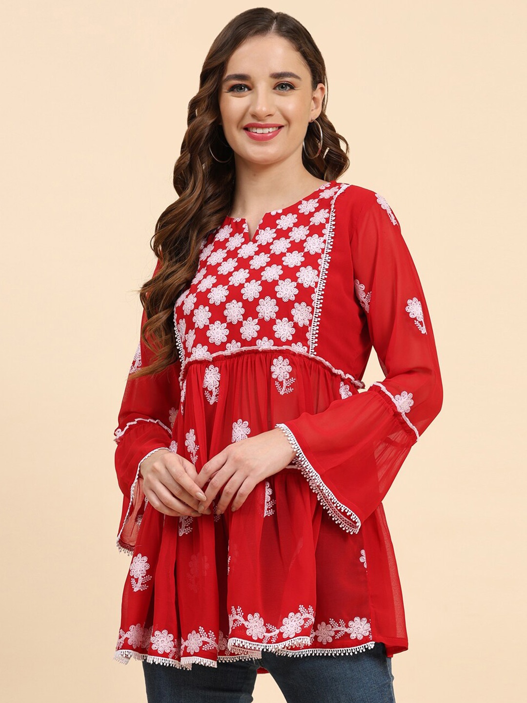 

Growish Floral Embroidered Bell Sleeves Kurti, Red