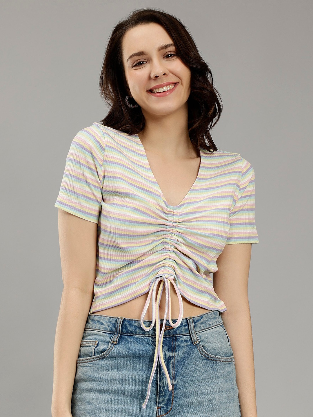 

Mast & Harbour White Ruched Striped Crop Top
