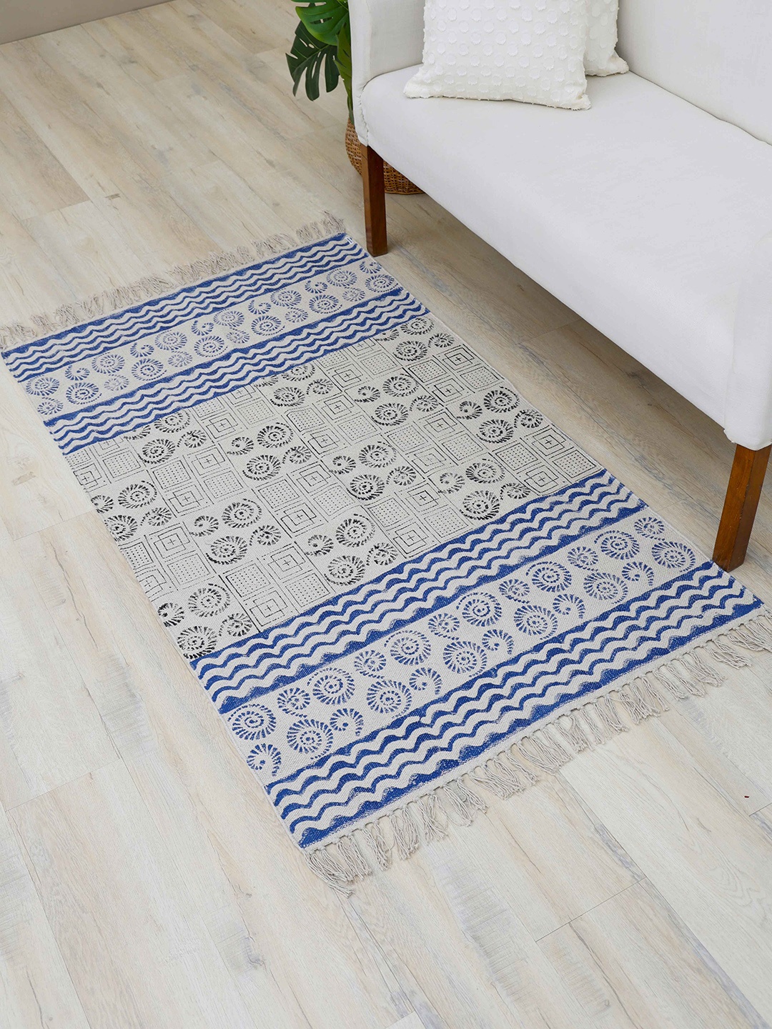 

Ariana Blue & Off-White Geometric Block Printed Cotton Dhurrie