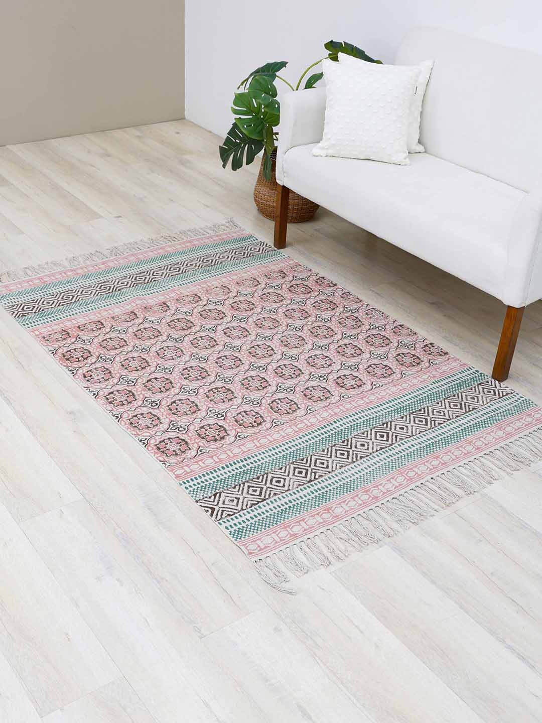 

Ariana Pink & Green Hand Block Printed Cotton Dhurrie