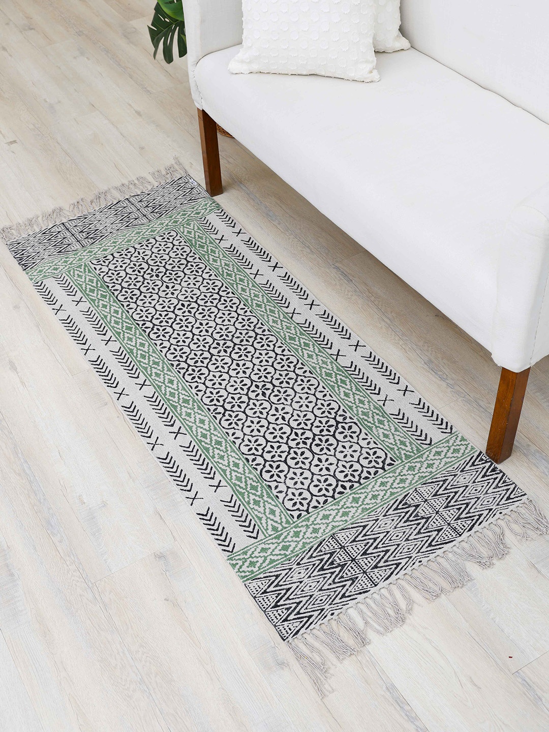 

Ariana White & Black Hand Block Printed Cotton Dhurrie