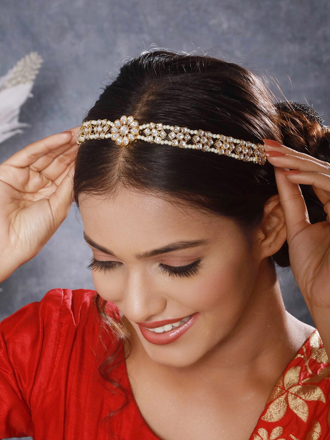 

Anouk Gold-Toned Gold-Plated Kundan-Studded & Pearl Beaded Sheeshphool
